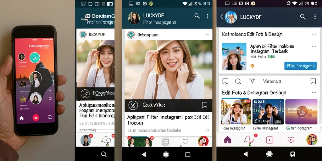 Tampilan antarmuka aplikasi LUCKYDF dengan filter Instagram yang menarik.