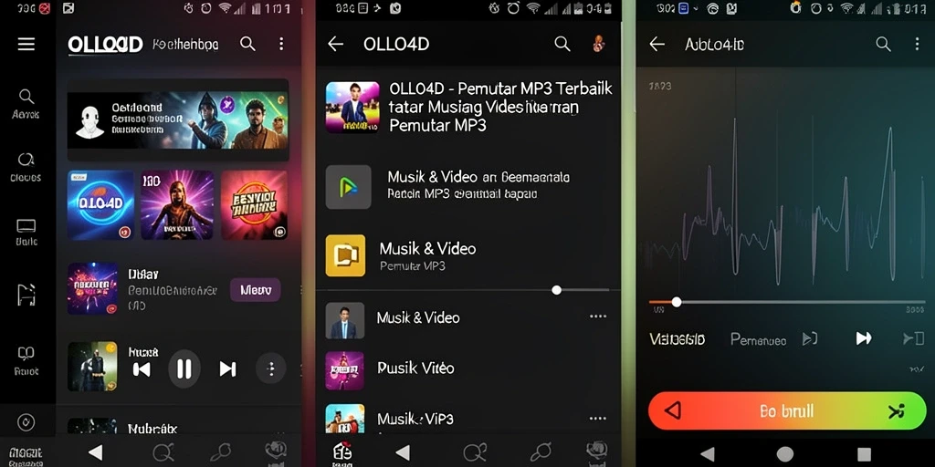 Tampilan antarmuka OLLO4D dengan berbagai fitur menarik untuk Pemutar MP3.